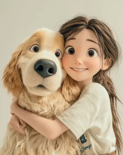 3D-Pixar-Stil-Portrat eines Madchens, das einen Golden Retriever umarmt
