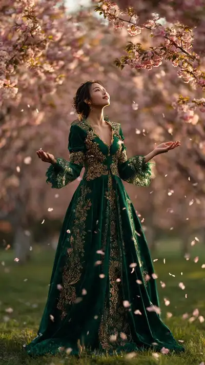 Elegant Gown Portrait in Falling Petals