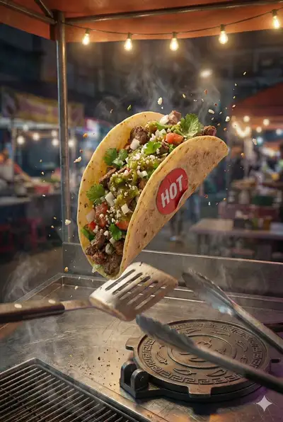 Street taco poster with neon signage and flip-clock
