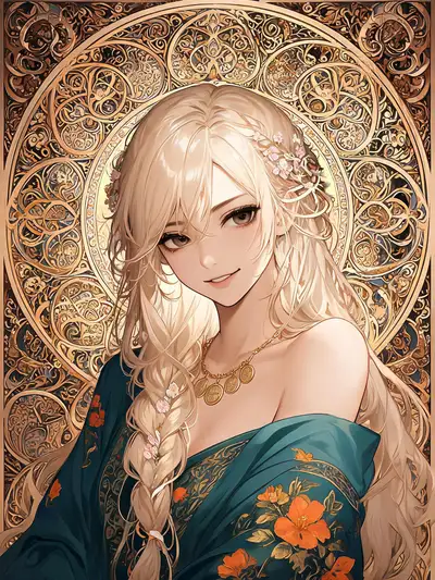 Art Nouveau Byzantine Portrait of a Woman in Teal Robe
