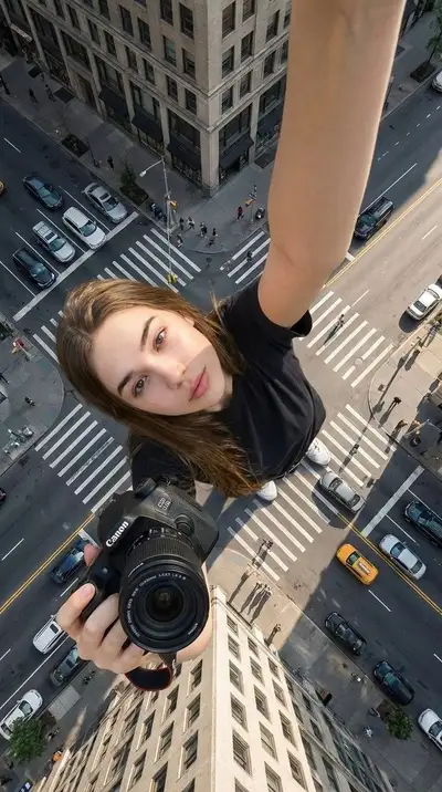 Forced-perspective giant selfie towering over a city crosswalk