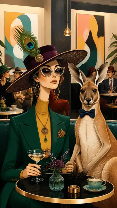 Editorial-Illustration: Elegante Frau und Känguru im Galerie-Café