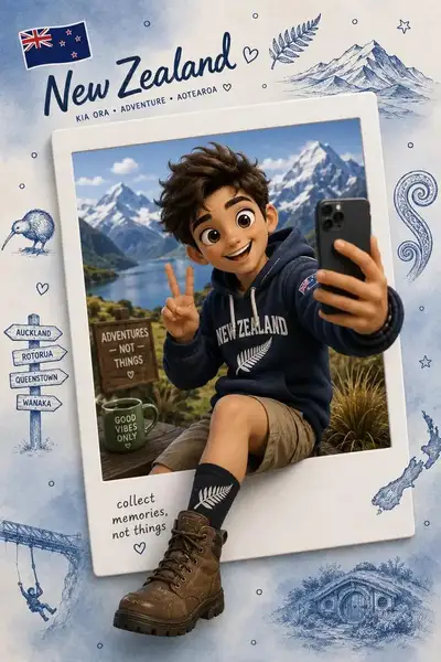 Lander-Reiseposter mit Pixar-artiger Selfie-Figur, die aus dem Rahmen springt
