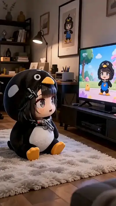 Niedliche Chibi-Pinguin-Mädchen-Anime-Wohnzimmerszene (JSON)