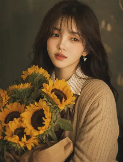 Korean editorial portrait with sunflowers and film color grading