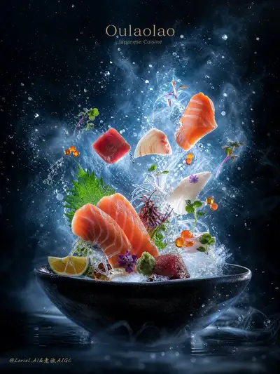 Cold-Toned Sashimi Advertising Poster With Cinematic Mist
