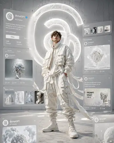 Techwear fashion portrait with holographic Threads UI panels