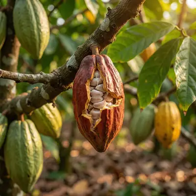 Cocoa pod split open on a plantation tree