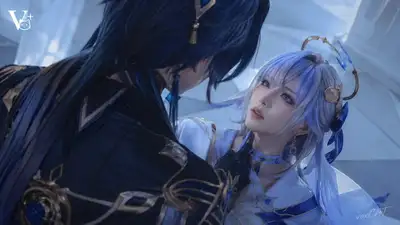 Two-character cosplay portrait with cold blue cinematic lighting