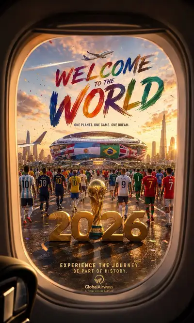 FIFA World Cup themed airplane window travel poster