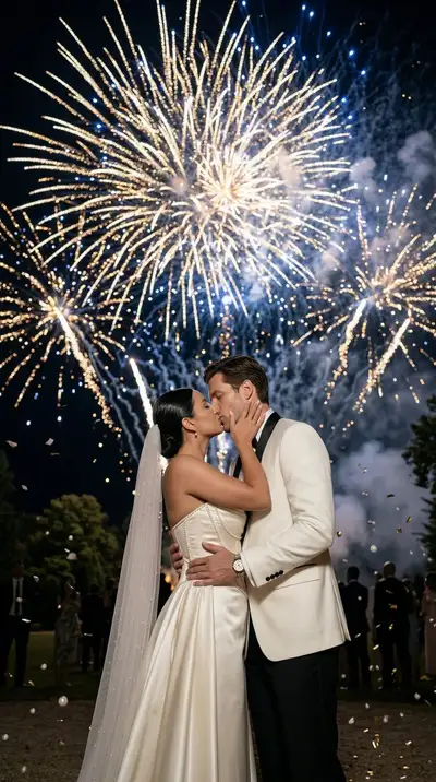 Epic Fireworks Wedding Kiss Cinematic Prompt