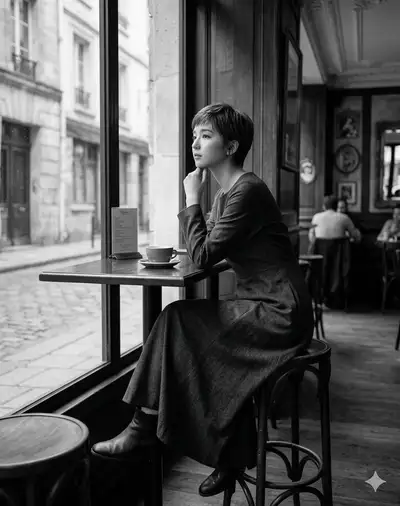 Cinematic Black-and-White Parisian Cafe Portrait