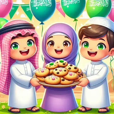 Eid Al Fitr Cartoon Children with Cookies