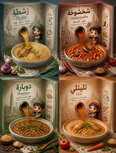 Algerian Dishes Popup Diorama Recipe Illustration (2x2 Grid)