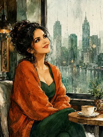 Watercolor Illustration: Woman in a Rainy Café