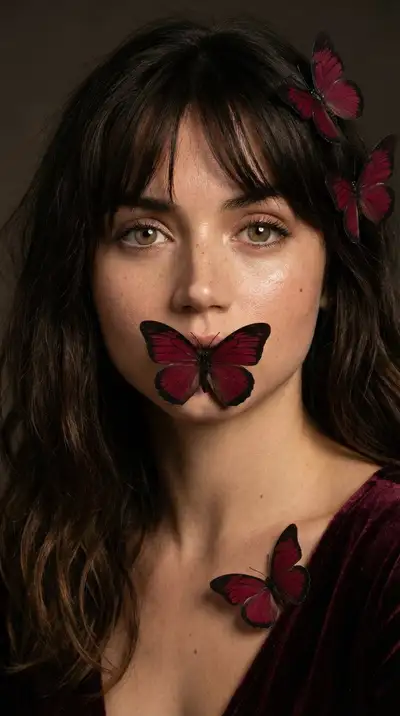 Moody portrait with dark butterflies on lips and hair
