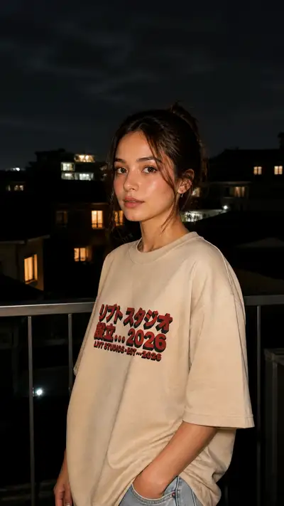 日本語ロゴ入りベージュのオーバーサイズTシャツを着た夜のポートレート