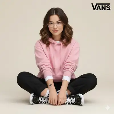 Lässiges Studio-Porträt einer Frau im Vans-Hoodie