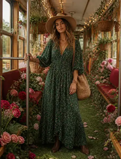 Retrato de moda boho dentro de um vagão de trem floricultura