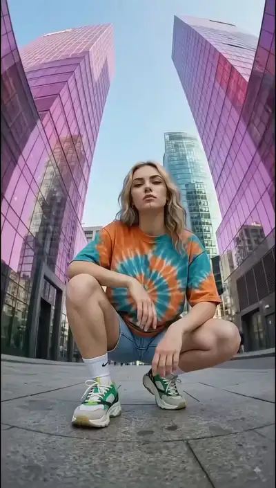 Fisheye low-angle streetwear pose against skyscrapers, Seedream 5.0