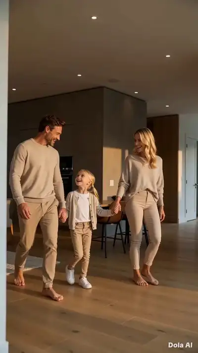 Publicité d'une famille traversant une maison moderne et lumineuse