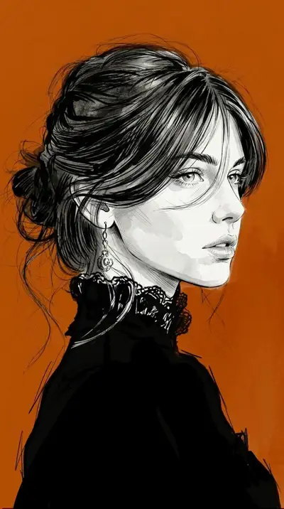 Croquis de mode à l'encre monochrome sur fond orange