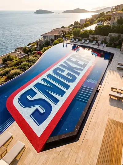 Luxury Cliffside Resort Aerial with Brand Logo Pool