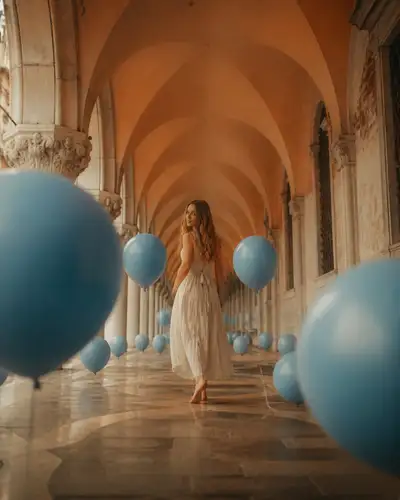 Dreamy European Corridor Portrait With Cyan Balloons