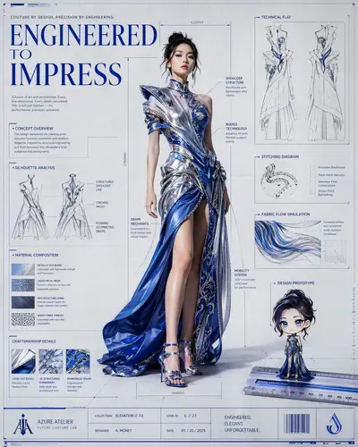 Blueprint Style Fashion Campaign Poster with Chibi Prototype