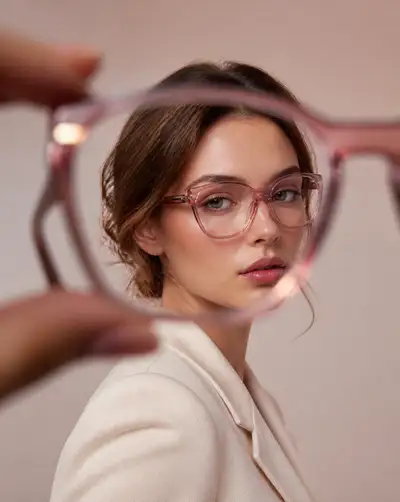 Forced-perspective luxury eyewear campaign portrait