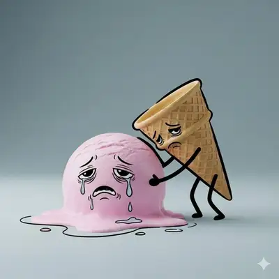 3D schmelzendes Eis mit Cartoon-Gesicht und Waffelhörnchen-Charakter