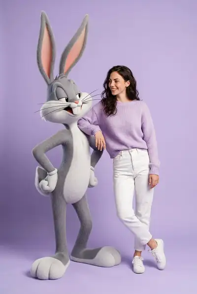 Foto Nano Banana Pro con Bugs Bunny 3D gigante