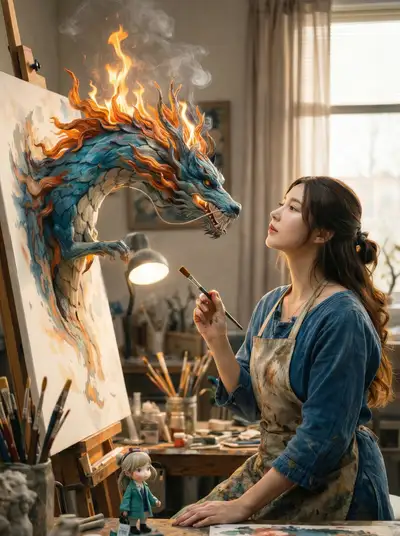 Scène fantastique d'un dragon émergeant d'une toile