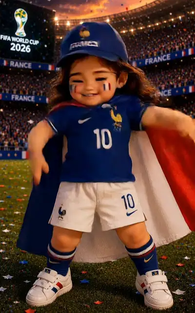 3D-Cartoon-Baby-Fußballfan feiert im Weltmeisterschaftsstadion