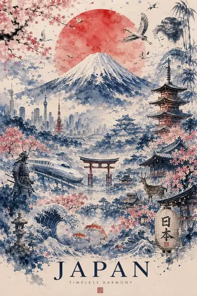 Aquarell-Reiseposter von Japan mit Fuji und Wahrzeichen