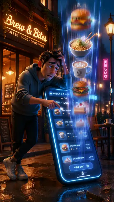 Confused character overwhelmed by giant phone food menu