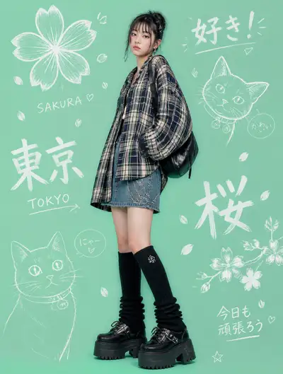 Japanese streetwear fashion portrait with doodle background