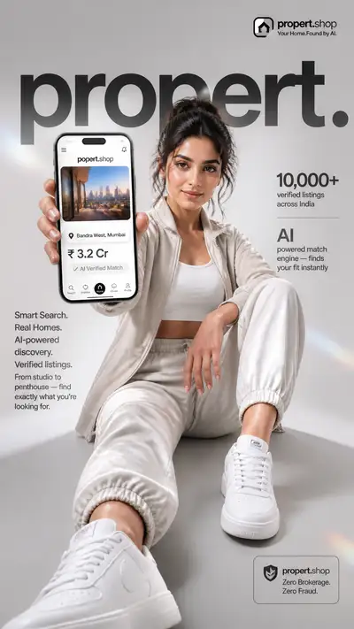Real estate app promotional poster with phone mockup