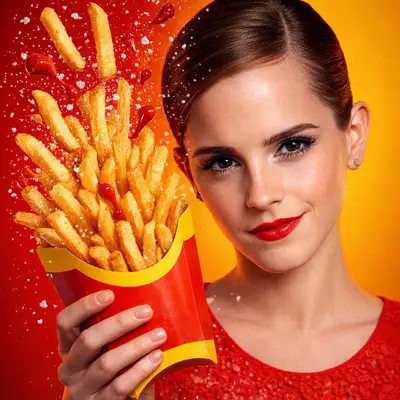 Hyper-realistic fast-food fries ad with flying salt and ketchup