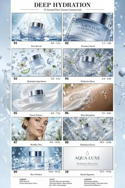 Storyboard de publicité crème pour le visage façon Hollywood