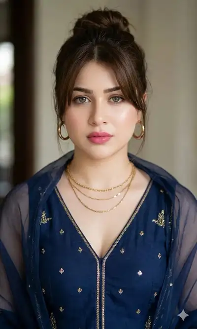 Hyper-realistic portrait of woman in shalwar kameez on temple staircase