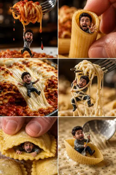 Tiny Man's Pasta Adventures: 6-Panel Collage
