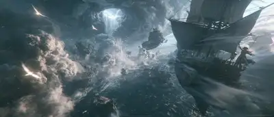 Scène épique d'un navire pirate volant face à une cascade fantastique
