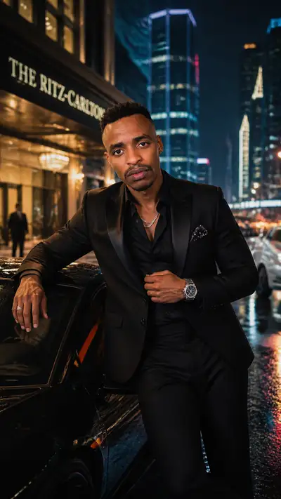 Luxury editorial fashion portrait beside a supercar at night