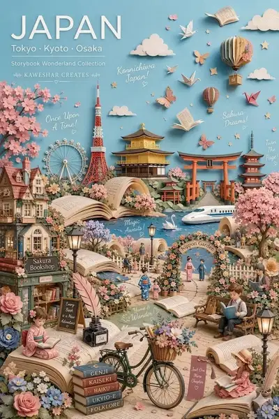 Prompt d'affiche de voyage au Japon façon conte en papier