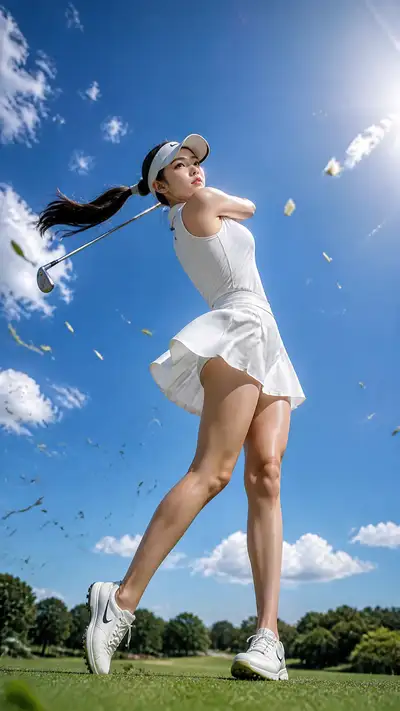 Cinematic golf follow-through photo of a female athlete