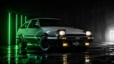 Cinematic studio shot of a Toyota Sprinter Trueno AE86