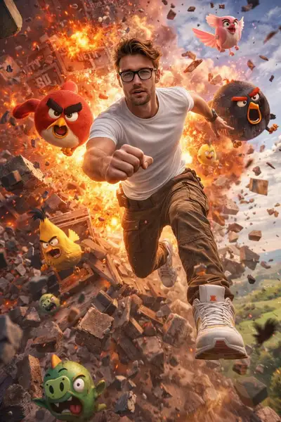 Scène d'action et d'évasion Angry Birds, Nano Banana