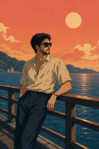 City-Pop-Anime-Porträt der 1980er im Sonnenuntergang am Wasser
