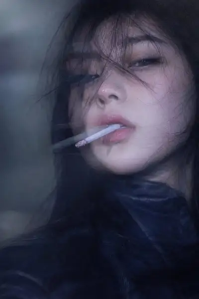 Cold-toned blurry portrait with cigarette and windswept hair